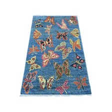3'x5' Blue Hand Knotted Peshawar Colorful Butterfly Design Soft Wool Rug 21842