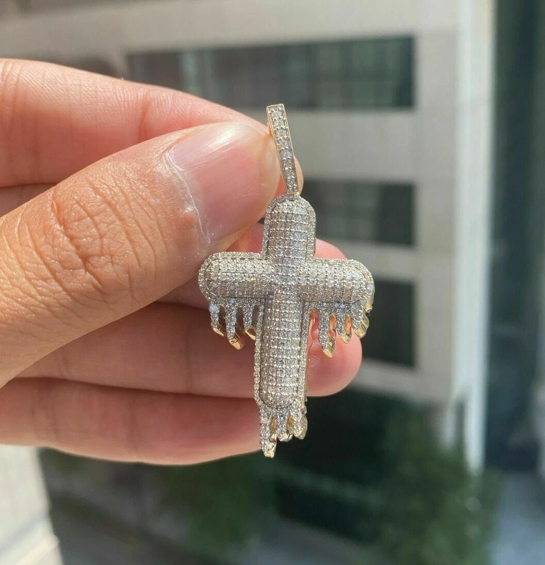 3.85 CT 100 Genuine Moissanite Drip Cross Religious Men s Pendant 925 Silver