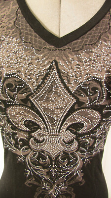 Docal Rhinestone Studded Fleur de Lis, Black Lace Top, V-Neck, Size Small