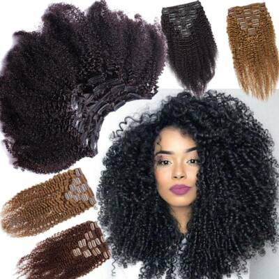 Afro Kinky Curly Clip in Virgin Human Hair Extension Double Weft Thick Full Head