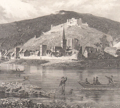 1845 gravure sur acier Bacharach vue de la ville Rhin Allemagne - Afbeelding 1 van 2