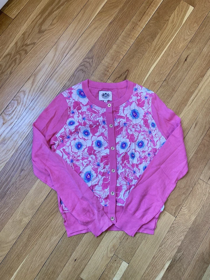 Juicy Couture Niñas Talla 14 Suéter Cárdigan Top Botón Rosa Azul Floral Foto 2 de 4