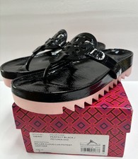Tory Burch Miller Cloud Lug Black Patent Leather/ Petunia Sandals Sz 7 M W/ Box