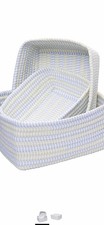 Set of 3 Woven Nursery Storage Organizer Baskets White Light Blue Baby