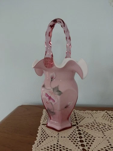 Fenton Pink Art Glass Ruffle Edge Hexagonal Ribbed White Cased Basket  (Gaskins)