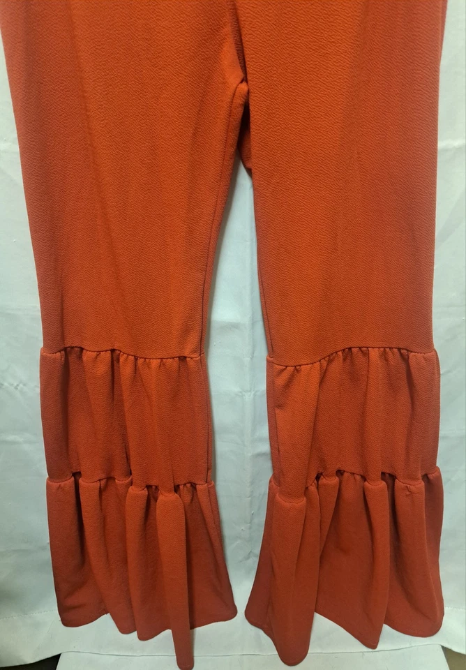 Vintage 90s Y2K Women's Orange Ruffled Flare Boho 70's Style Bell Bottom Pants - Image 2 of 4
