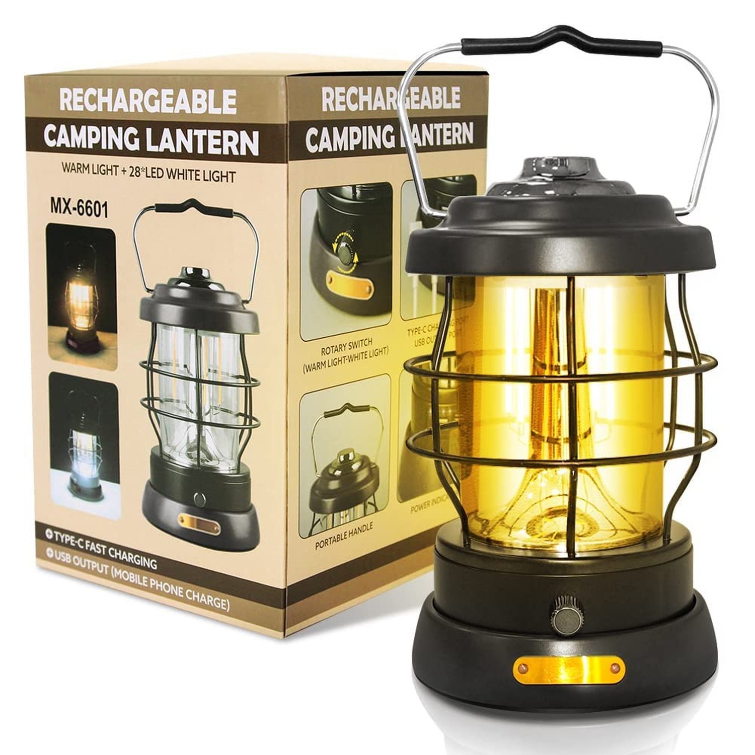UniqueFire Retro Camping Lantern Rechargeable 1500LM 2 Modes Dimmable,Portabl...