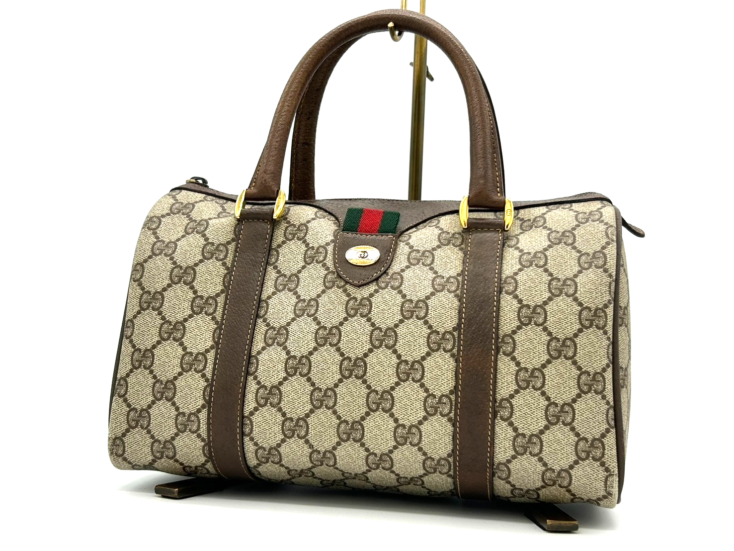 Vintage Gucci GG Supreme Sherry Line PVC Leather Mini Boston Bag Brown Authentic