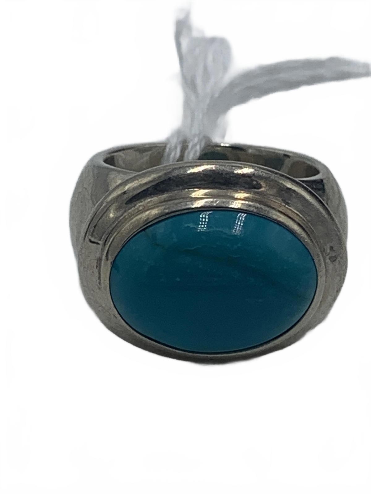 Sterling Silver Ring with Bezel-Set Tuquoise Cabu… - image 1