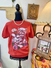 Vtg 80s Cat Lady Kitten Short Sleeve Sweater Sweatshirt Red MEDIUM Grandma Core