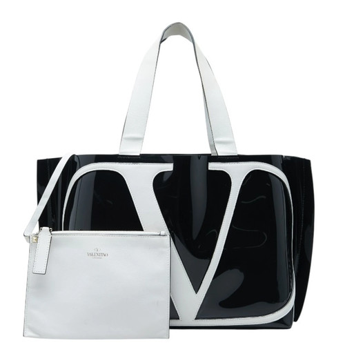 Valentino V-logo Medium Tote Bag Handbag Black White Leather Women... GZl1l2nu
