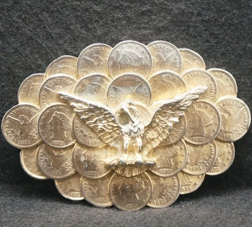 XF19135 AWESOME VINTAGE 1970s **1800'S COINS & EAGLE** MENS GOLDTONE BELT BUCKLE