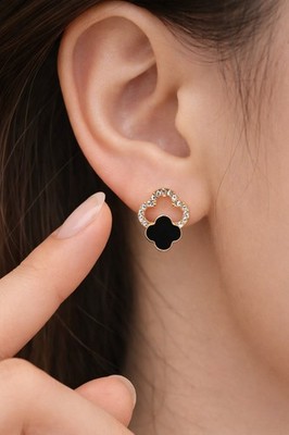 Women s Gold Tone Clover Stud Earrings with Black Crystal   Fashion Jewelry