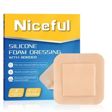 Niceful Silicone Foam Dressing 4x4, Waterproof Silicone Bandages with Border