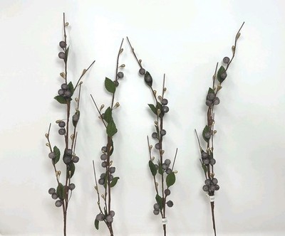 Sugared Berry Floral Pick 23  Purple and Gold Berries Green Leaves 4 Picks NOS