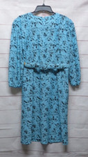 Vintage Warell Blue  Black Floral Dress with Belt Size 14 P Pleated Top