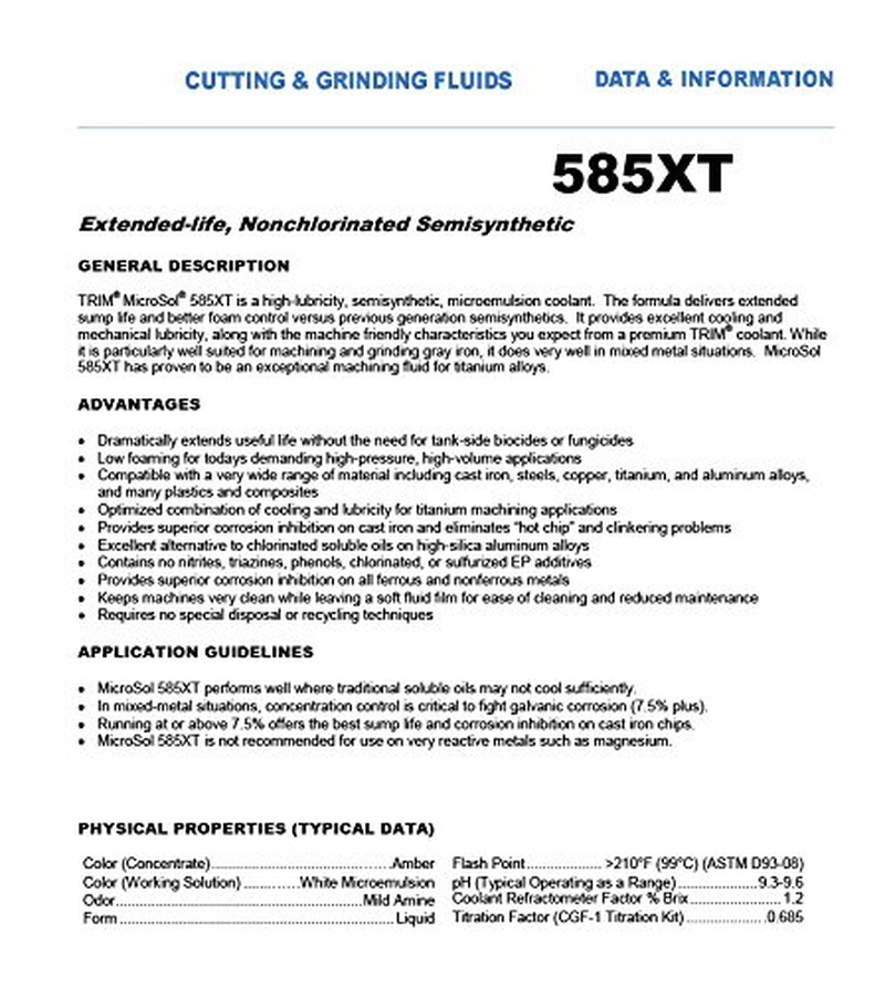 Cutting & Grinding Fluids MS585XT/5 Microsol 585XT Nonchlorinated