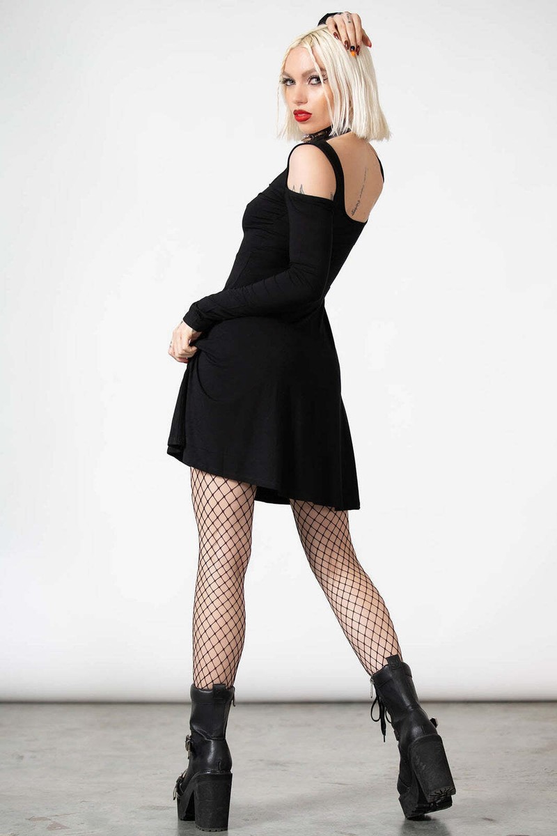 killstar pentagram skater dress Killstar Miss Mayhem Pentagram Zip Cold Shoulder Skater Gothic Dress  KSRA005643