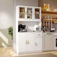 Buffet de Cuisine Blanc - Meuble Cuisine - Armoire - Vitrine Multi-Rangement