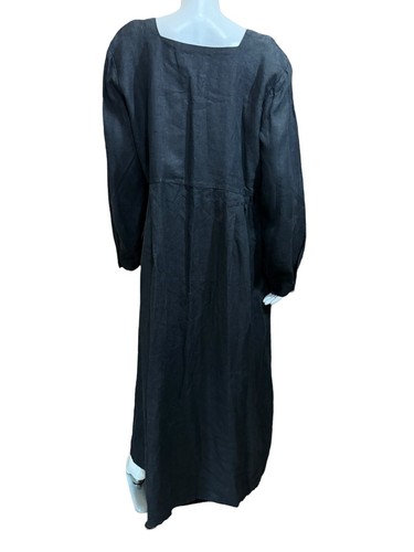 Vintage FLAX Linen Dress Size Large Long Heavy Black Pullover Box Pleated Maxi L - Picture 6 of 9