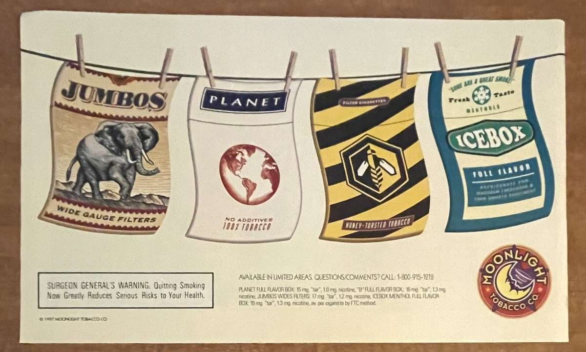 roasted tobacco cigarettes 1997 Moonlight Tobacco Jumbos Honey Roasted Menthol Cigarettes 90s Print Ad