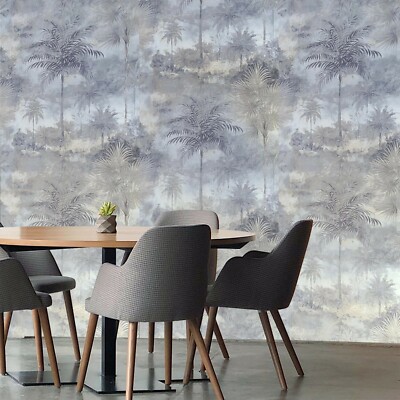 Modern Embossed Gray Blue gold floral tropical palm leaves textured wallpaper 3D