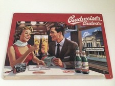 Budweiser Bier Blechschild - Pärchen im Reisezug Speisewaggon Budvar 8