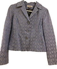 Nine West Womens Blue Geometric SILK Blend Blazer Size 4 Floral Lining 3 Button
