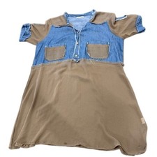 Vintage 90's Y2K Boho Patchwork Mini Dress Sz M Brown Blue Denim Pockets
