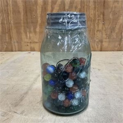 Vintage 1 Quart Ball Perfect Mason Jar about 60% full of Marbles