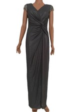David Meister Bead & Sequin Cap Sleeve w Twist Front Evening Gown Gunmetal Sz 2