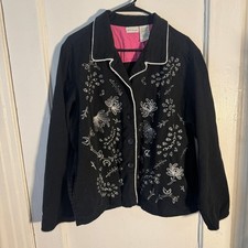 Vtg 90s Artsy XL Black Embroidery Floral Western Cotton Denim Jacket Celestial
