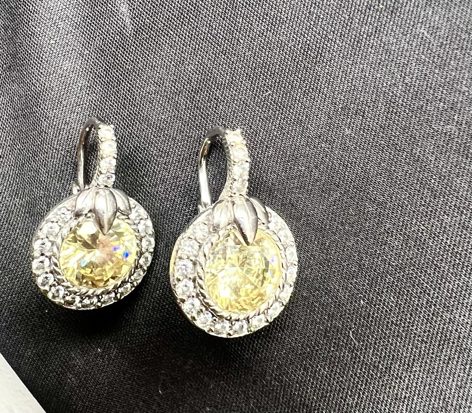 JUDITH RIPKA 925 SS Yellow Quartz  WHITE SAPPHIRE LEVER-BACK Dangling EARRINGS - Image 3 of 4
