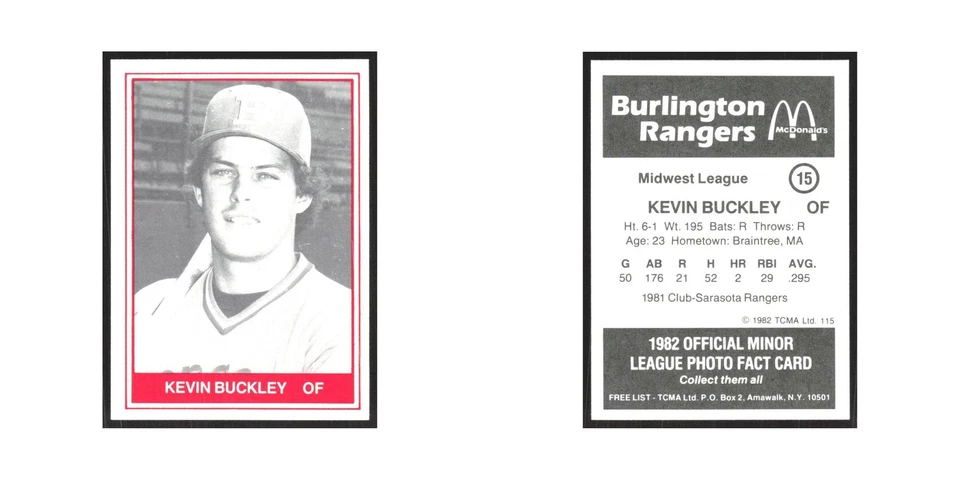 1982 TCMA Minor League Kevin Buckley Burlington Rangers #15 - Image 3 of 3