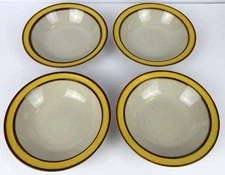 4 Vintage Sango 70s MCM Rainbow 659 Citron Stoneware 7.25" Soup Bowls Yellow Rim