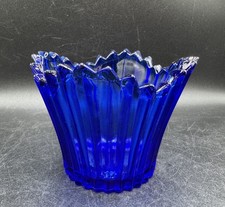 Vintage Cobalt Blue Art Glass Votive Holder Fluted Asymmetrical Scallop Edge 3