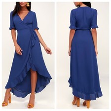 NWT Lulus Wild Winds Royal Blue High-Low Wrap Dress - Size S