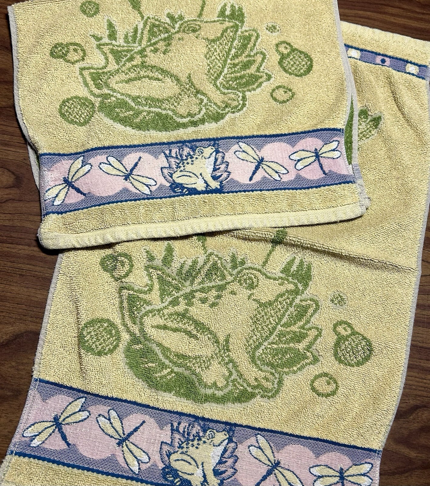 Vintage Hand Towel Set 2 90s Frog Frog Lovers Dragonfly Cotton Terry W Border