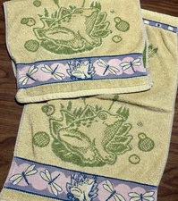 Vintage Hand Towel Set 2 90s Frog Frog Lovers Dragonfly Cotton Terry W Border