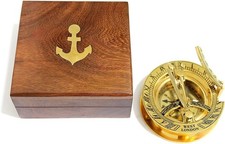 3" Sundial Compass with Teak Wood Box Inlaid with Solid Brass Rustic Vintage Hom