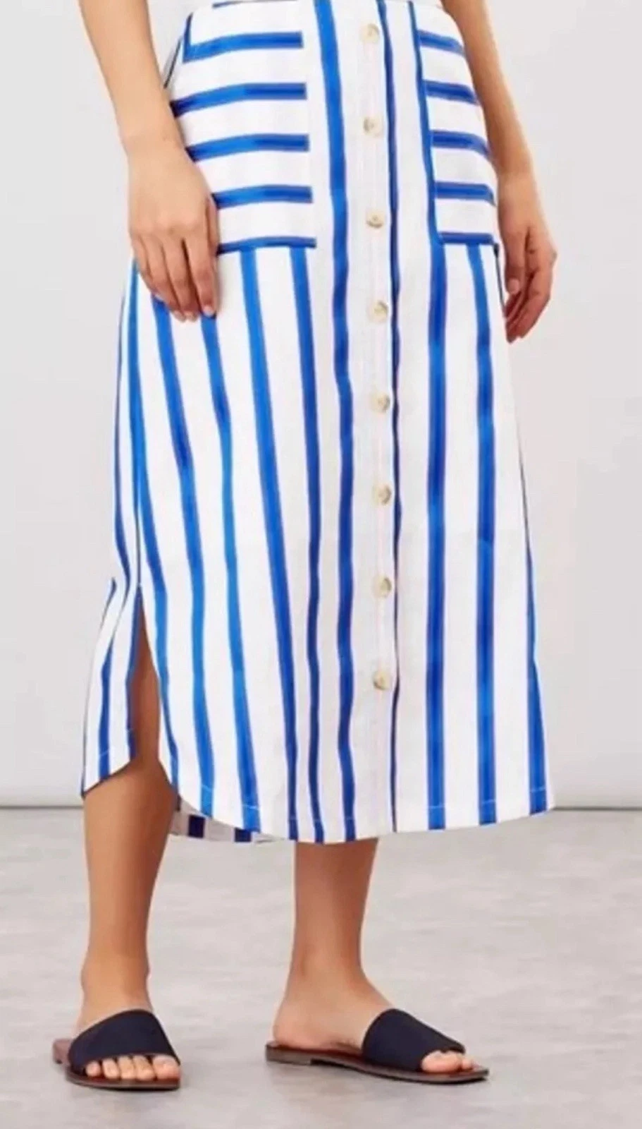 JOULES ‘Orielle’ Linen Blend Blue & White Striped Lined Skirt Size 8 US Midi