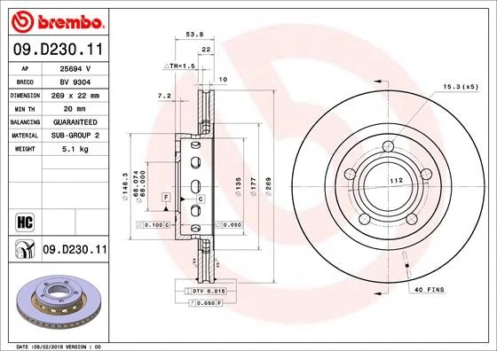 2x BRAKE DISC 09.D230.11 FOR VW AUDI A6/S6 BDN/BDP 4.0L 8cyl PASSATAQJ 4.2L A6 - Image 2 of 4