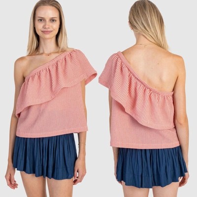 NWT Koch Cleo Top Spritz Striped One Shoulder Ruffle Blouse Medium