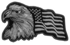 Eagle With Waving Flag Black Silver Patriotic Iron on Patch - 4x2.5 inch - P3960
