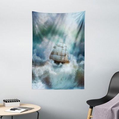 Ocean Tapestry Pirate Ship on Wavy Sea Print Wall Hanging Decor