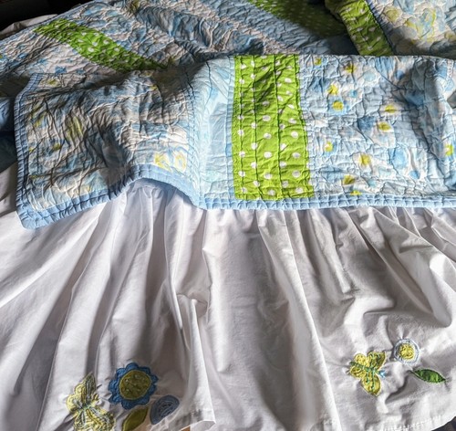 Pottery Barn Kids Quilt Flower Butterfly Twin 89x68” w Sham & Skirt Blue Green - Picture 18 of 18