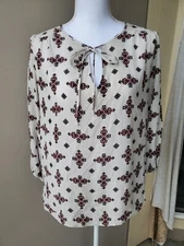 Amour Vert 100% Silk Top Women Medium White Black Aztec Western Oversized Blouse