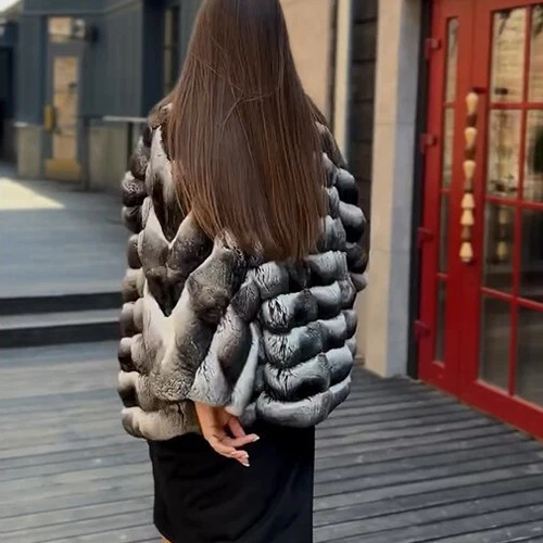 2025 Elegante Frauen Echte Rex Kaninchen Pelz Mantel Chinchilla Mantel Neu Jacke - Picture 5 of 8