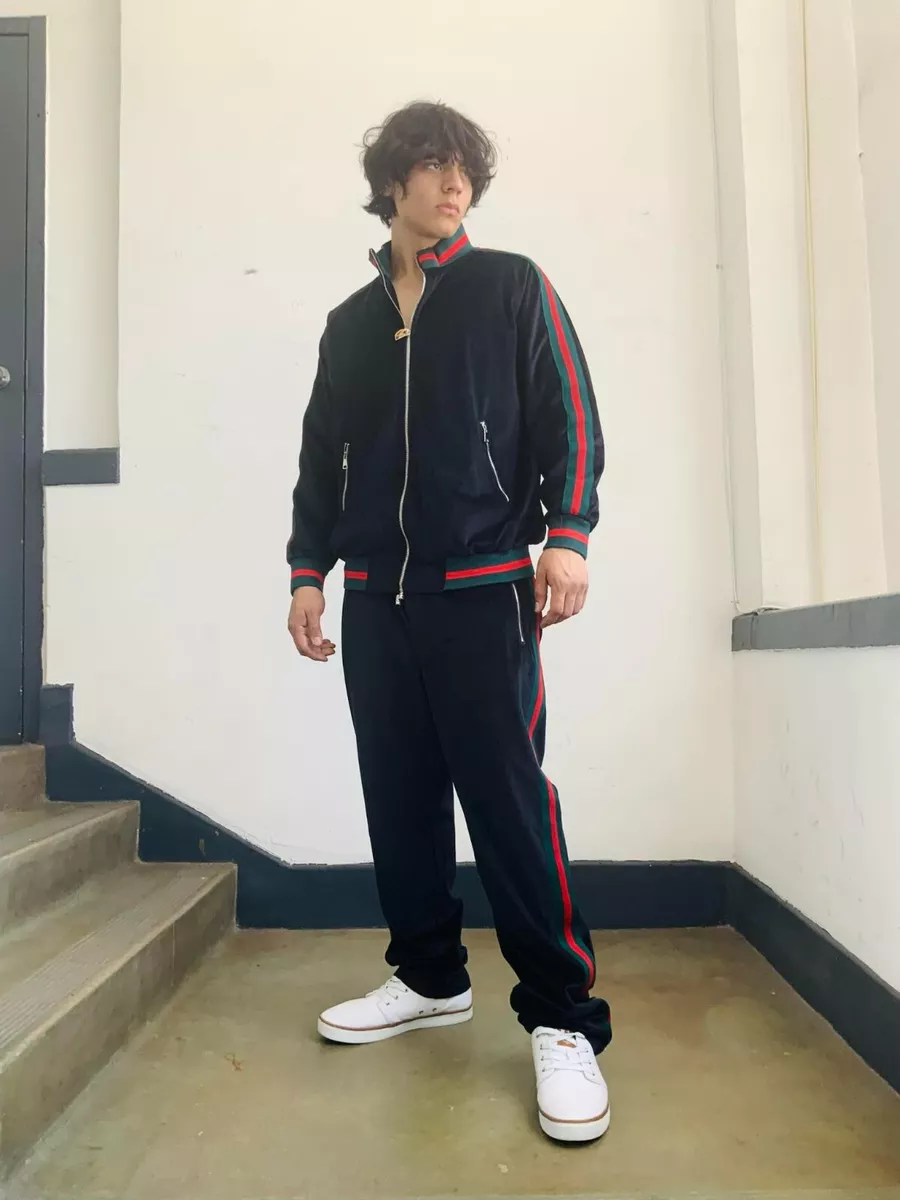 Men's Fashion Black, Green, Red Velvet Track Jacket-Pants