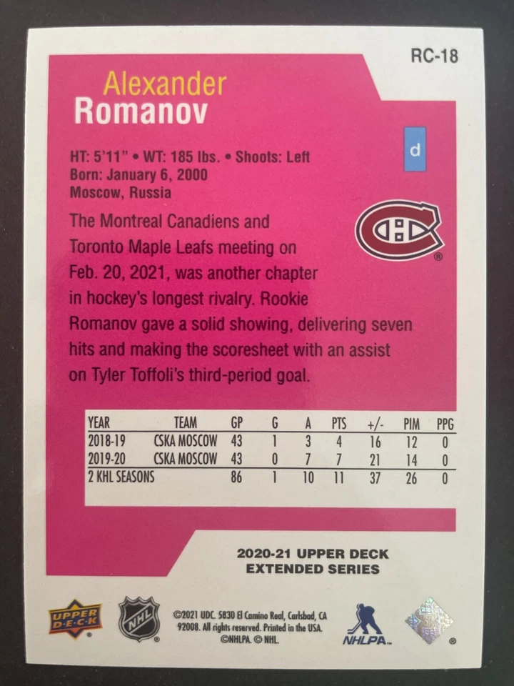 Alexander ROMANOV 2020-21 Upper Deck Extended Series Rookie Class SE #RC18 - Image 2 of 2